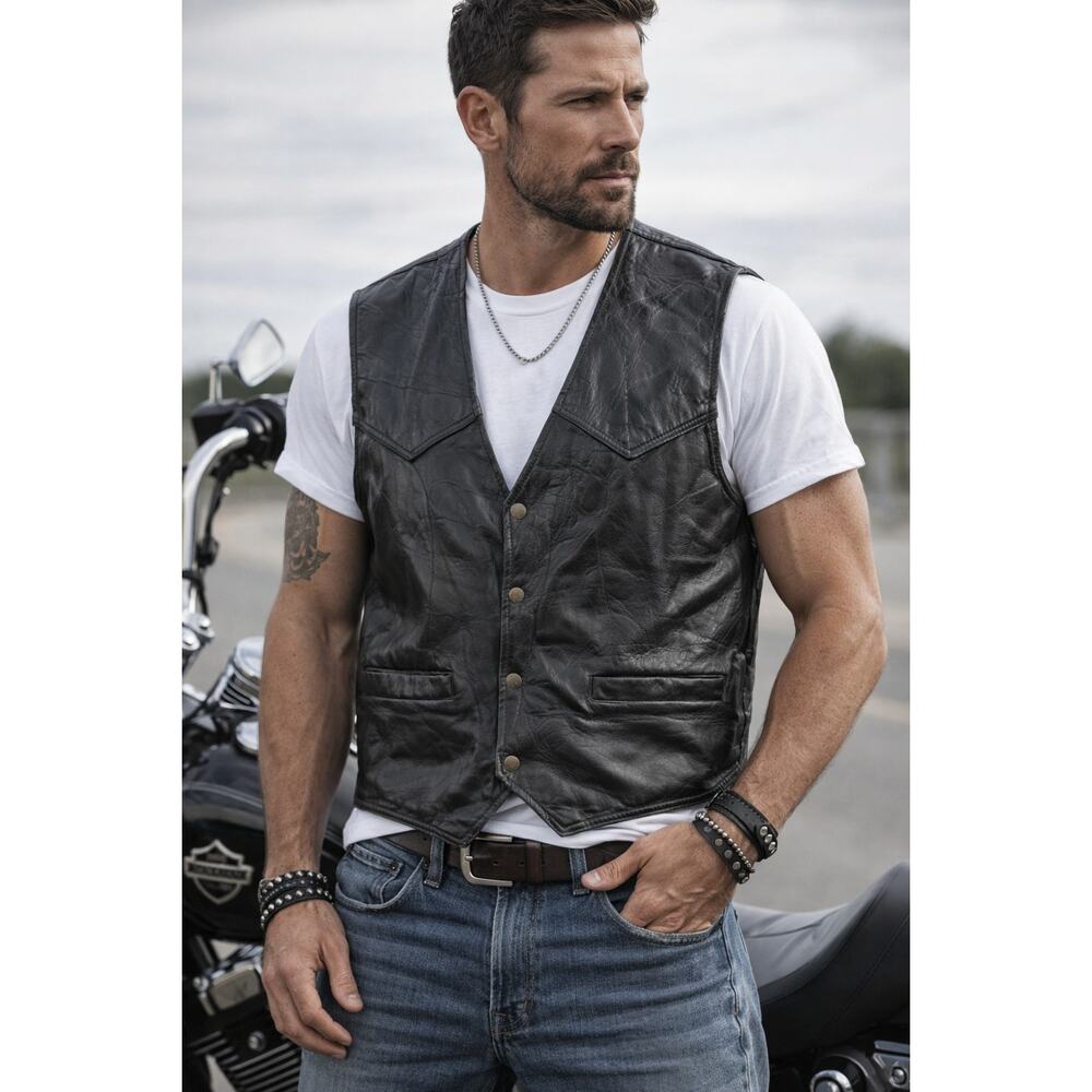 Mens Duke Haband Leather Biker Vest Sz XL Snap Front Patchwork